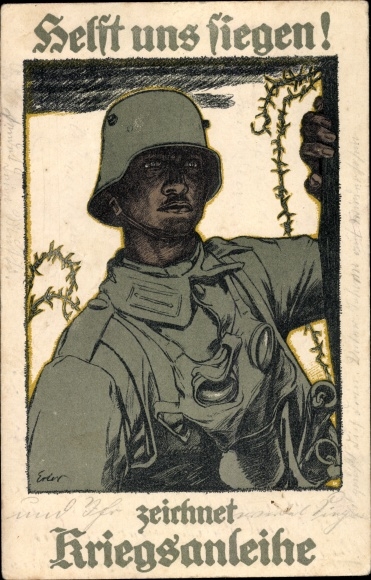 Künstler Ak Erler, Helft uns siegen, zeichnet Kriegsanleihe, Soldat in Stahlhelm mit Gasmaske, I. WK