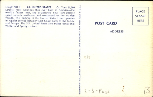 Postcard passenger steamer SS United States, United States Lines, USL