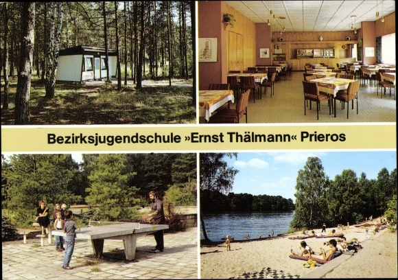 Ak Prieros Heidesee in de Mark, districtsjeugdschool Ernst Thälmann, tafeltennis, strand, bungalow