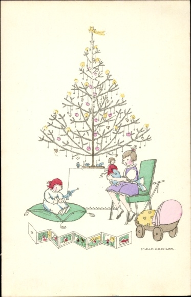 Artist PC Köhler, Mela, Merry Christmas, Christmas tree, children, doll&#39;s pram, toys