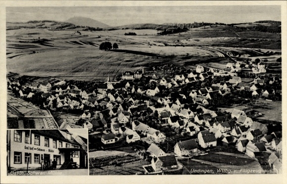 Postcard Undingen Sonnenbühl in Württemberg, aerial photograph, Gasth. Schwanenmühle
