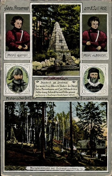 Postcard Waschleithe Grünhain Beierfeld in the Erzgebirge of Saxony, robbery of princes in 1455, monument, Fürstenbrunn
