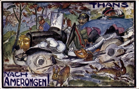 Künstler Ak Thans, Nach Amerongen, Kaiser Wilhelm II. im Automobil, Karikatur