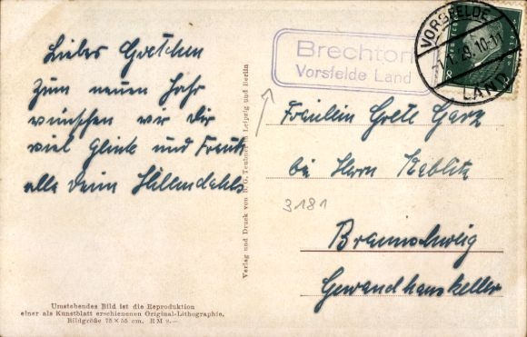 Country postmark Brechtorf Rühen Vorsfelde Land, January 1st, 1929, PC Liebermann, Park