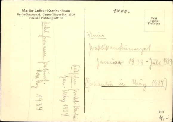 KP Berlin Grunewald, widok na szpital im. Marcina Lutra, Caspar-Theyss-Str.