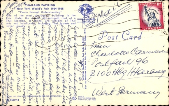 Postcard New York, World's Fair 1964, Thailand Pavilion, Peace through understanding