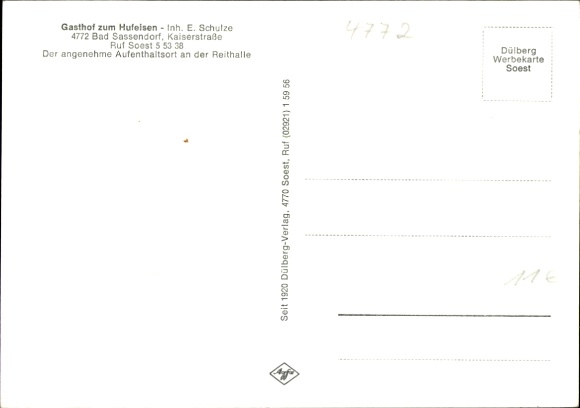 Postcard Bad Sassendorf in the Soest district, Gasthof Zum Hufeisen, interior view