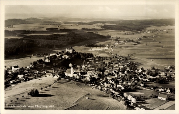 Postcard Bad Grönenbach in Allgäu, aerial view of landscape, village, church