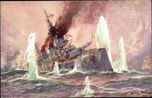 Artist PC Stöwer, Willy, Naval Battle North Sea 1915, English battle cruiser, German cruiser