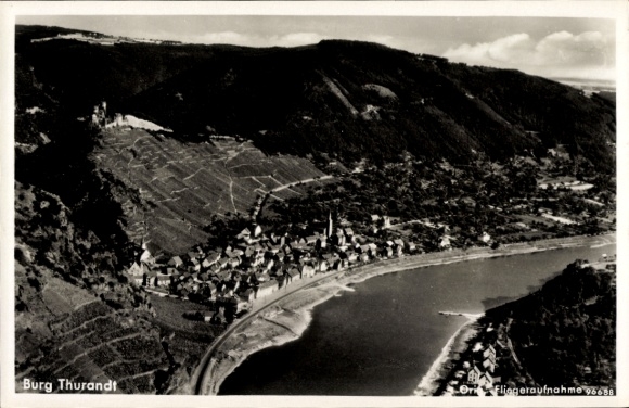 Postcard Alken on the Moselle, aerial photograph, Thurandt Castle