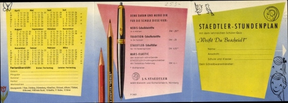 Timetable Staedtler school fountain pen, pencils, calendar 1959/60