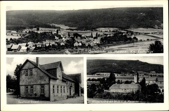 Ansichtkaart Germerode Meißner in Hessen, Gasthaus Sippel, kloosterkerk, panorama