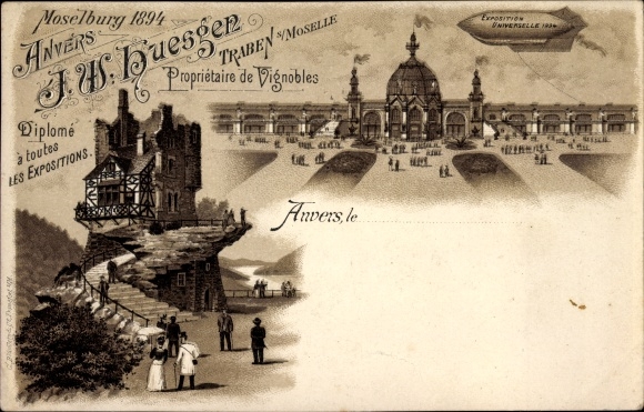 Forerunner Chromo-Litho Antwerp Anvers Flanders, Moselburg 1894, JW Huesgen from Traben, Expo 1894