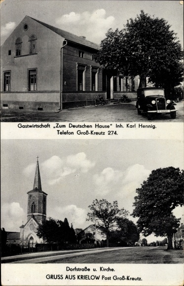 Postcard Krielow Groß Kreutz Brandenburg, inn for the German home, owner Karl Hennig, church