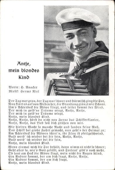 Song Postcard Antje, my blonde child, sailor in the Navy, Anacker, Herms Niel