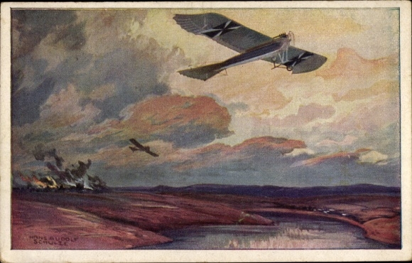 Künstler Ak Schulze, Hans Rudolf, Militärtaube auf Erkundungsflug bei den Masurischen Seen, I. WK