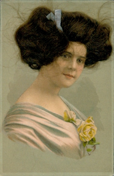 Human hair litho portrait of a woman, light blue bow in her hair, yellow rose
