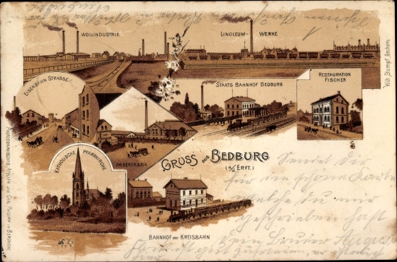 Litho Bedburg an der Erft, Restauration Fischer, Staatsbahnhof, Linoleum Werke, Wollindustrie