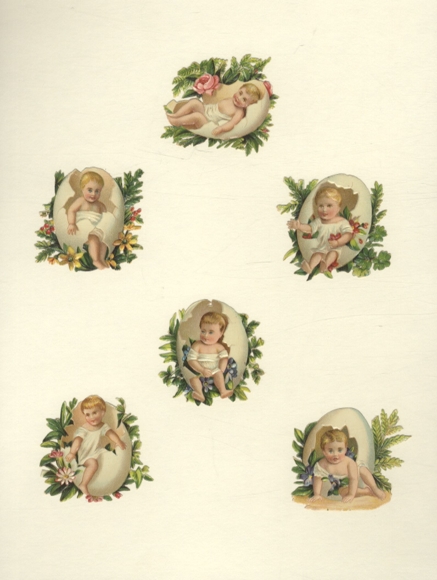 6 wafers children sitting in eggshells, each approx. 5 x 5 cm