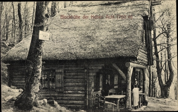 Postcard near Adenau in Rhineland-Palatinate, log cabin of the High Eight, owner Wilh. fringes
