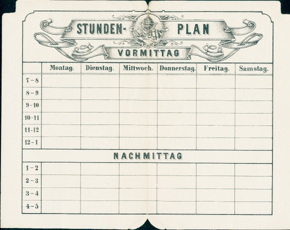 Timetable - foldable in book form, morning and afternoon division around 1920