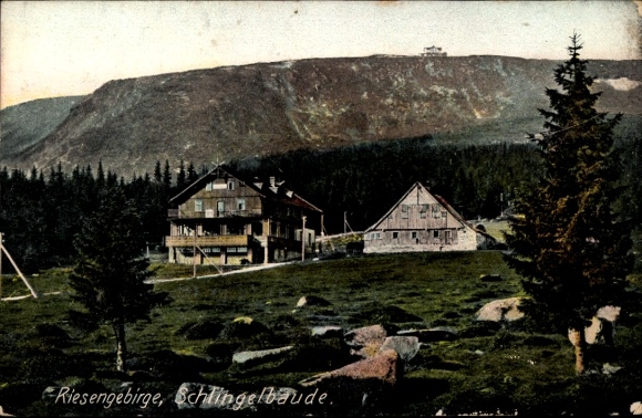 Postcard Karpacz Krummhübel Giant Mountains Silesia, Schlingelbaude, Schronisko na Starej Polanie