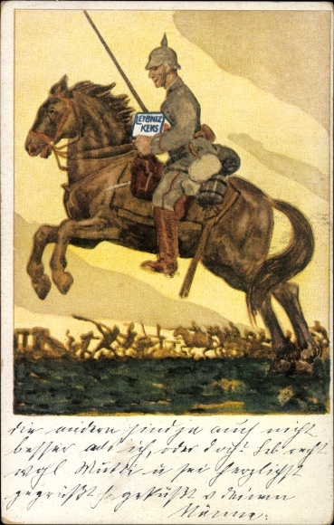 Artist PC Georgi, W., Leibniz Biscuit, advertisement, Bahlsens Biscuit Factory Hanover, rider, soldier, uniform