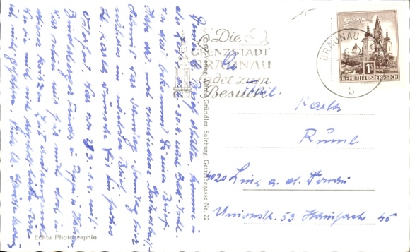 Postcard Braunau am Inn Upper Austria, bridge, state border, church tower