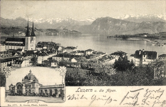 Ak Luzern Stadt Schweiz, Panorama mit Alpen, Bahnhof