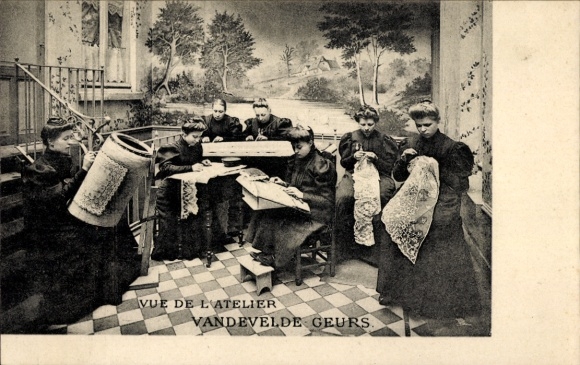 Postcard Brussels, Royal Lace Manufactory Vandevelde Geurs, lace makers, workshop