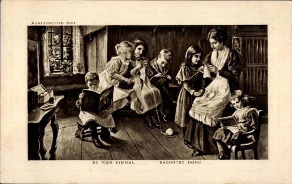 Artist Postcard Kohlschütter, Children knitting and reading in a farmhouse parlor