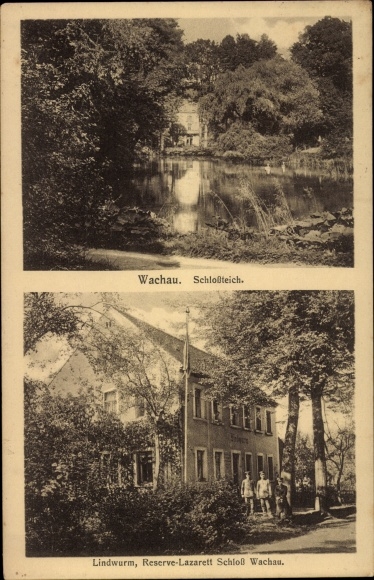 Postcard Wachau in Saxony, castle pond, Lindwurm, reserve hospital Wachau Castle