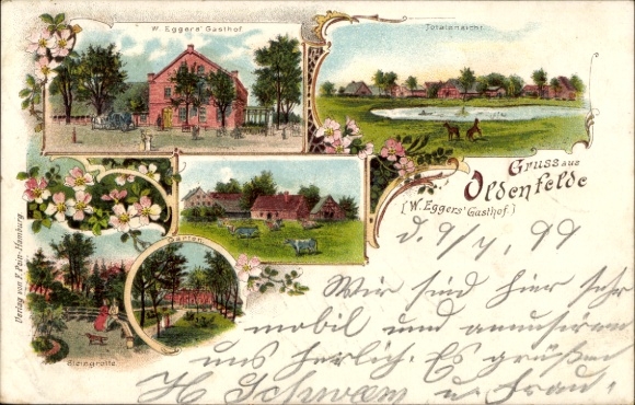 Chromo-Litho Hamburg Wandsbek Rahlstedt Oldenfelde, general view, Gasthof W. Egger