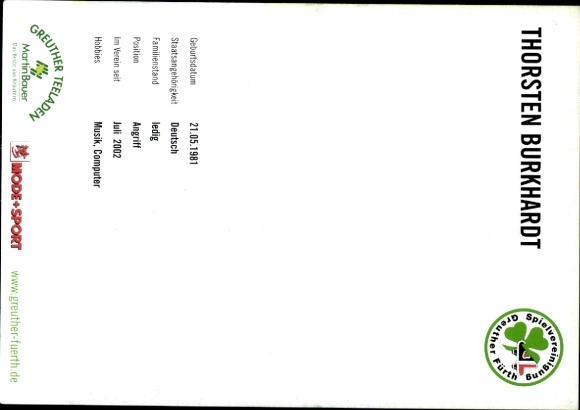 Autograph card footballer Thorsten Burkhardt, SpVgg Greuther Fürth, autograph