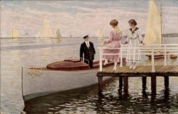 Artist Postcard Fischer, Paul, water party, man in motorboat, two women on the jetty
