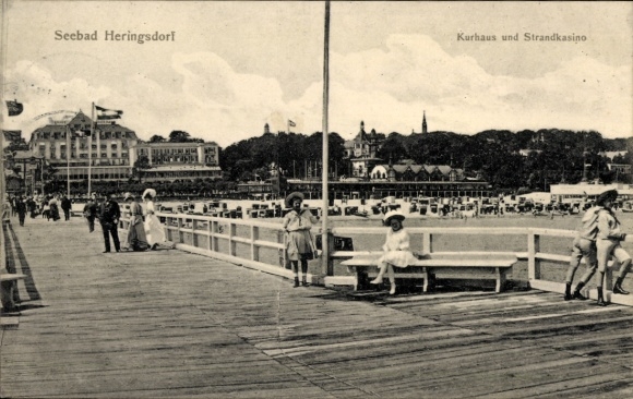 Postcard Ostseebad Heringsdorf on Usedom, spa house, beach casino, passers-by