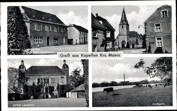 Postcard chapels Moers am Niederrhein, bakery, church, castle Lauersfort