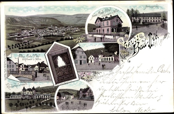 Litho Bad Orb im Main Kinzig Kreis Hessen, Stadtansichten, Rüppelsmühle, Badehotel, Amtsgericht