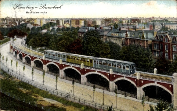 Postcard Hamburg Nord Barmbek, elevated railway line, panorama