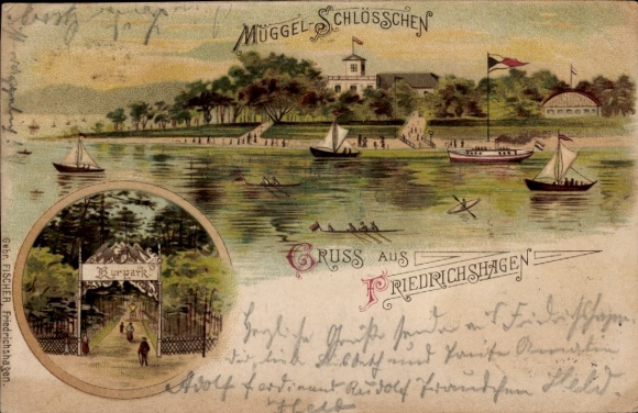 Litho Berlin Köpenick Friedrichshagen, Restaurant Müggelschlösschen, Eingang Kurpark