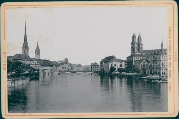 Cabinet photo Zurich city Switzerland, view from the upper bridge, around 1890