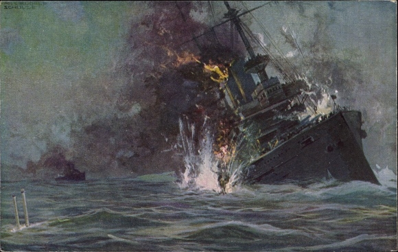 Künstler Ak Schulze, Hans Rudolf, Deutsches U Boot versenkt englisches Linienschiff HMS Formidable