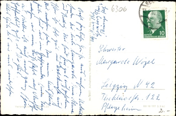 Postcard Geraberg in Thuringia, Hasse restaurant, view of the town and surroundings, outdoor pool, rocky outcrop