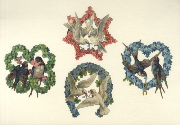 4 wafers doves and swallows in flower wreaths, clover leaf, horseshoe, heart, star, each approx. 8 x 8 cm