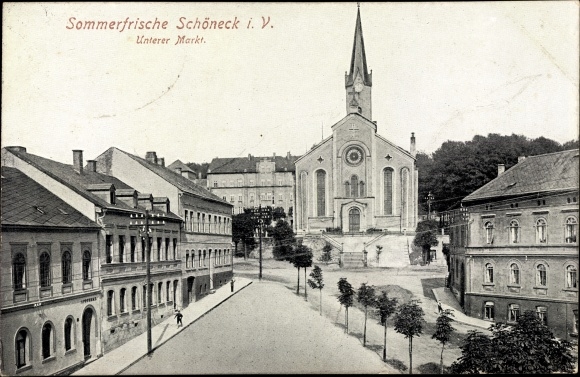Ak Schöneck im Vogtland Sachsen, Unterer Markt, Apotheke, Kirche
