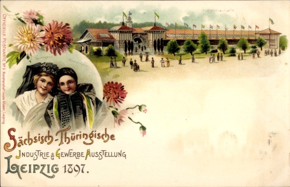Ansichtkaart Leipzig, Saksisch-Thüringse Industrie- en Handelstentoonstelling, 1897, twee vrouwen