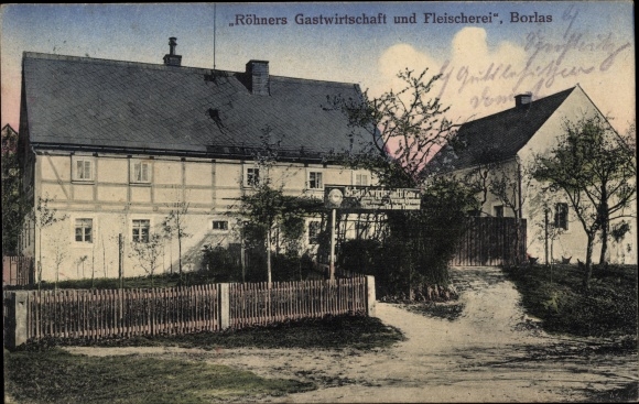 Postcard Borlas Klingenberg in the Ore Mountains, inn and butcher&#39;s shop