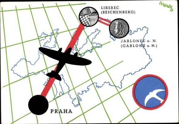 Mapy KP Ceskoslovenske Statni Aerolinie, połączenie lotnicze Liberec, Jablonec, Praha, 1937