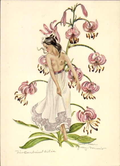 Artist Postcard Schwarz Torinus, Anna, Bare-breasted woman in front of a Turk's cap lily