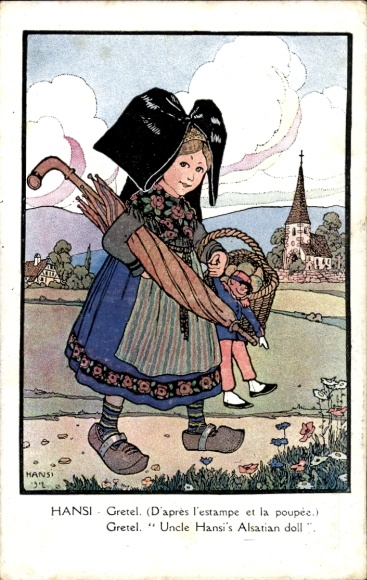 Künstler CPA Hansi, Gretel, Apres l'estampe et la poupee